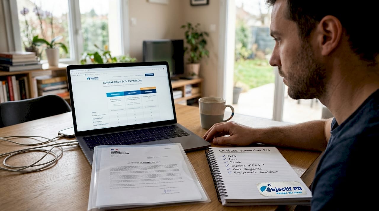 Un homme consulte et compare différents organismes CCA sur son ordinateur portable.