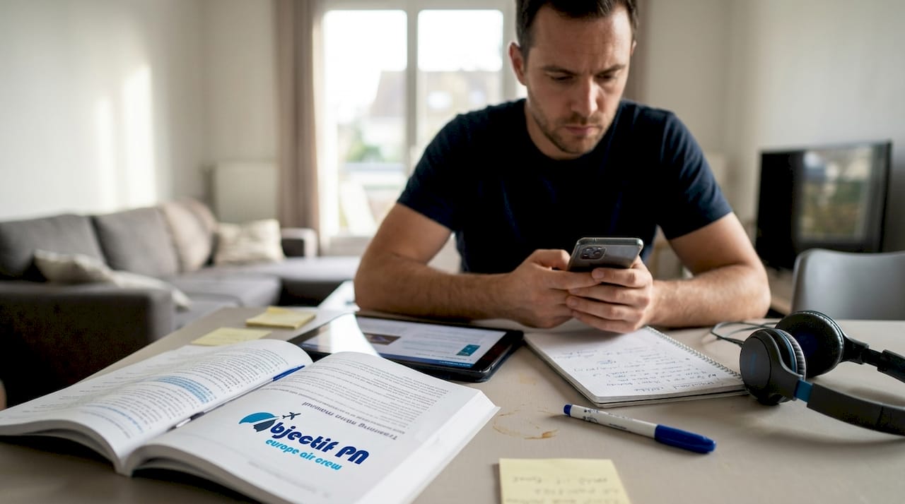 Un homme consulte des supports CCA sur tablette, smartphone et manuel papier.