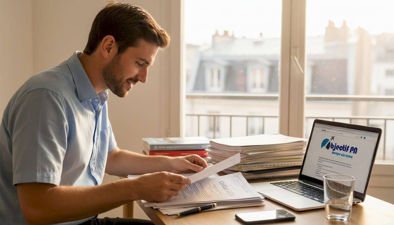 Un homme examine attentivement ses documents de certification en formation aéronautique.