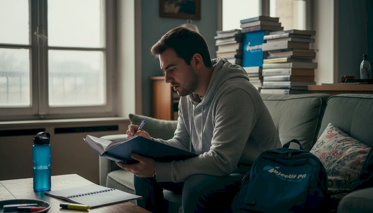 Un étudiant installé dans le salon en train de réviser son manuel du CCA.