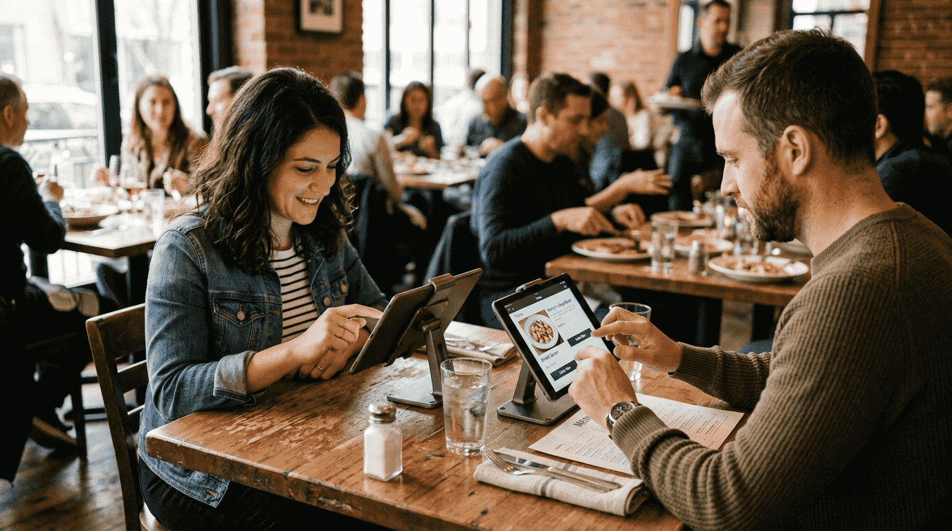 Guests using tablet menu at restaurant table