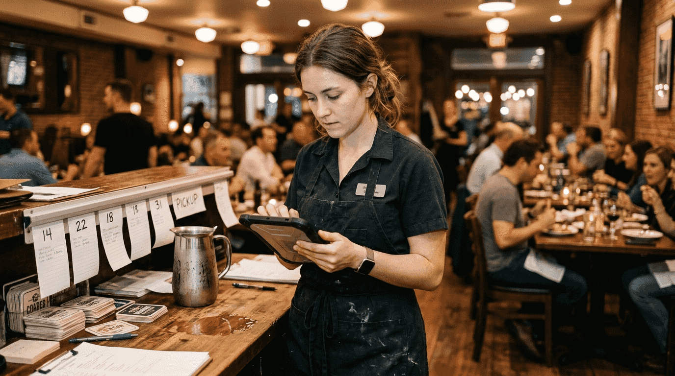 Server reviewing orders on tablet in restaurant