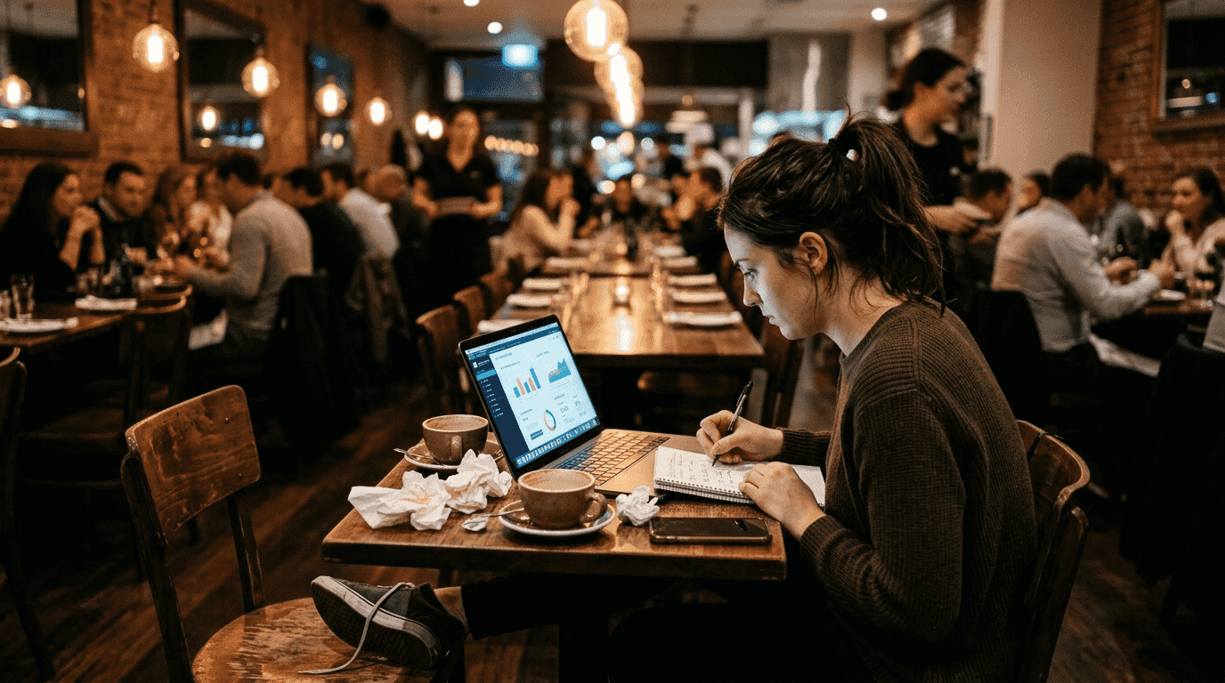 Woman analyzes AI reservation patterns on laptop