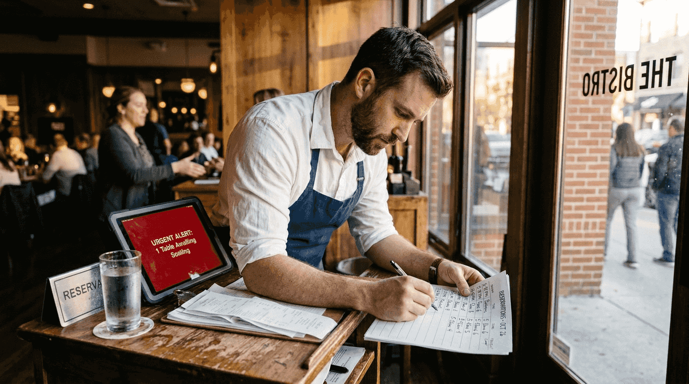 Manager reviews reservation log at host stand