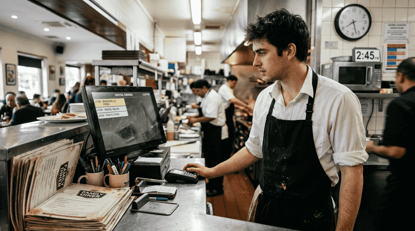 Waiter checks digital orders on kitchen screen