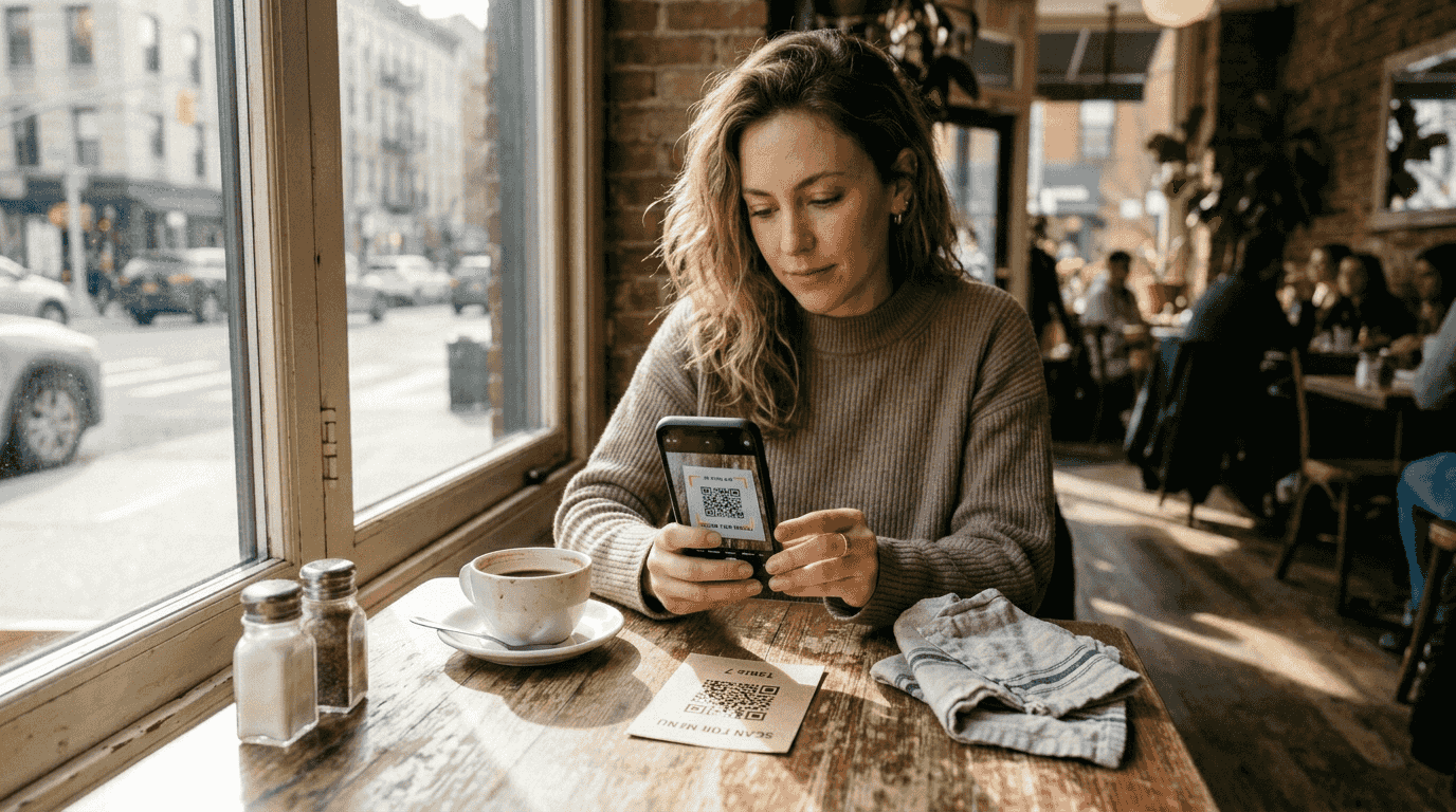 Woman scans QR code for digital menu