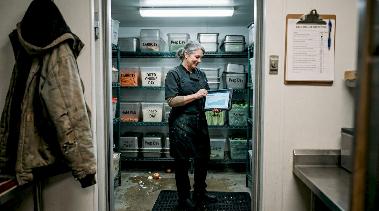 Manager tracking kitchen inventory on tablet