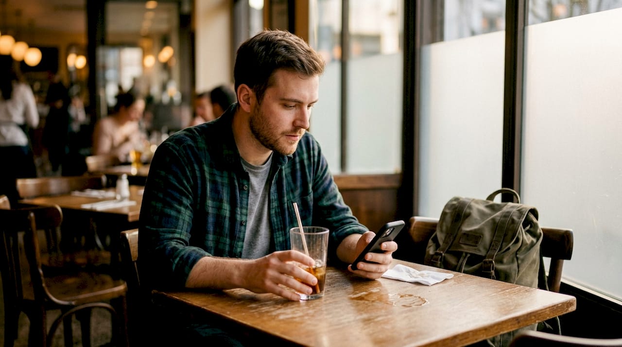 Guest browsing menu on smartphone at table