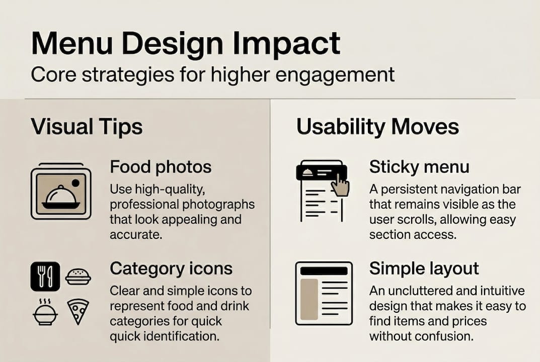 Infographic showing menu design strategies and tips