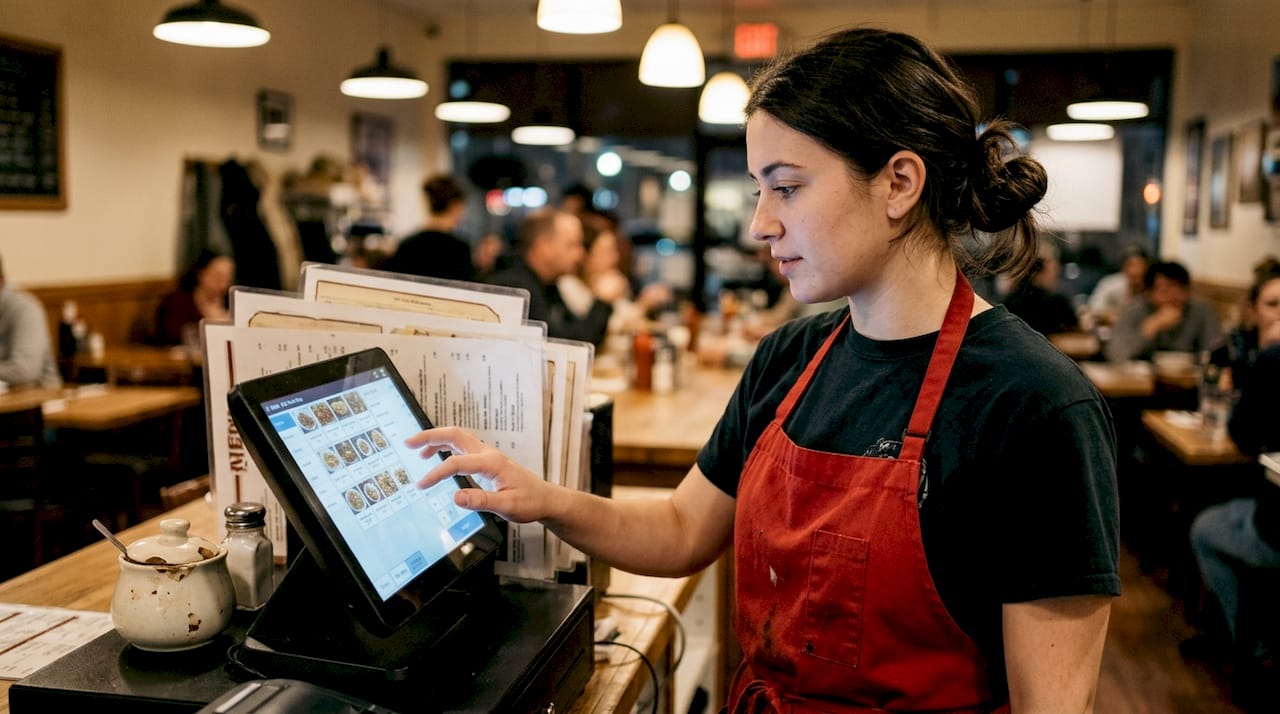 Waitress using grid digital menu layout