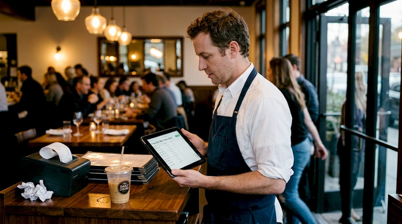 Restaurant manager using tablet for reservations