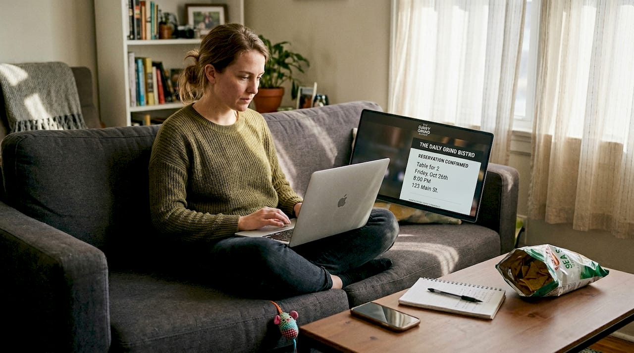 Woman booking restaurant reservation on laptop