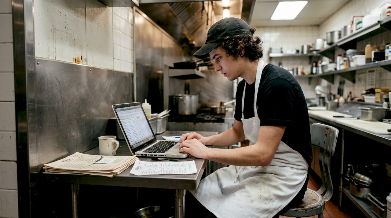 Line cook entering menu into laptop in kitchen