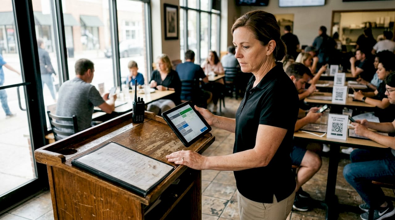 Restaurant manager using tablet for digital orders