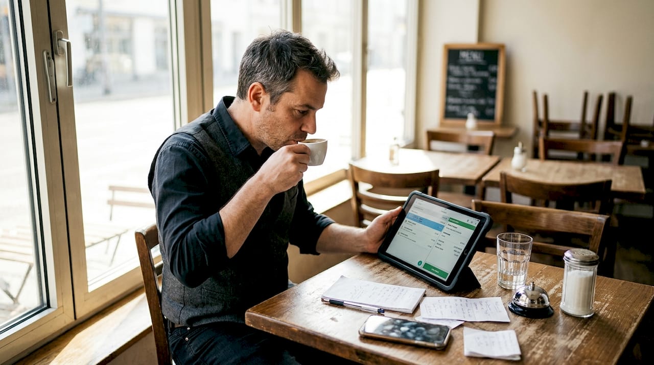 Restaurant manager using tablet to review online orders