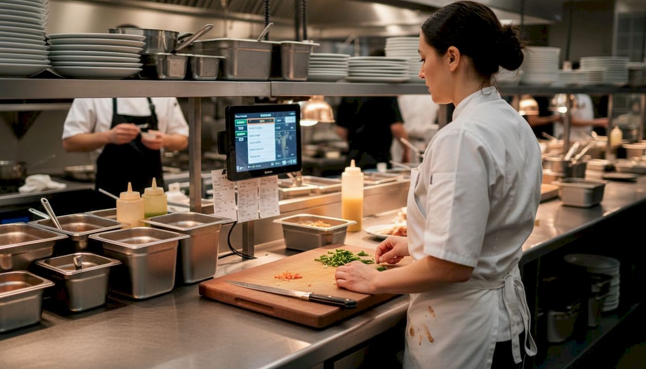 Cook in kitchen receiving digital food orders