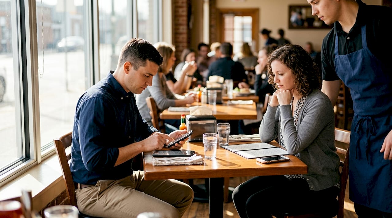 Guests using phone for digital menu ordering