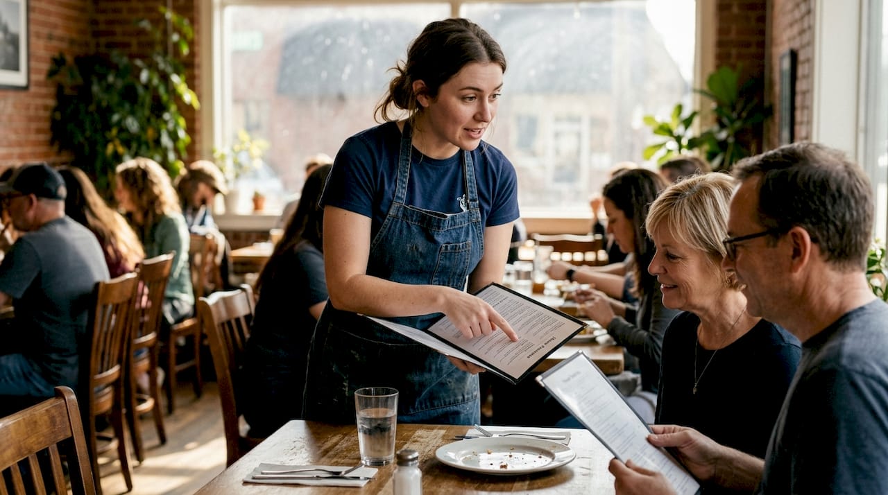 Server pointing out menu specials to guests