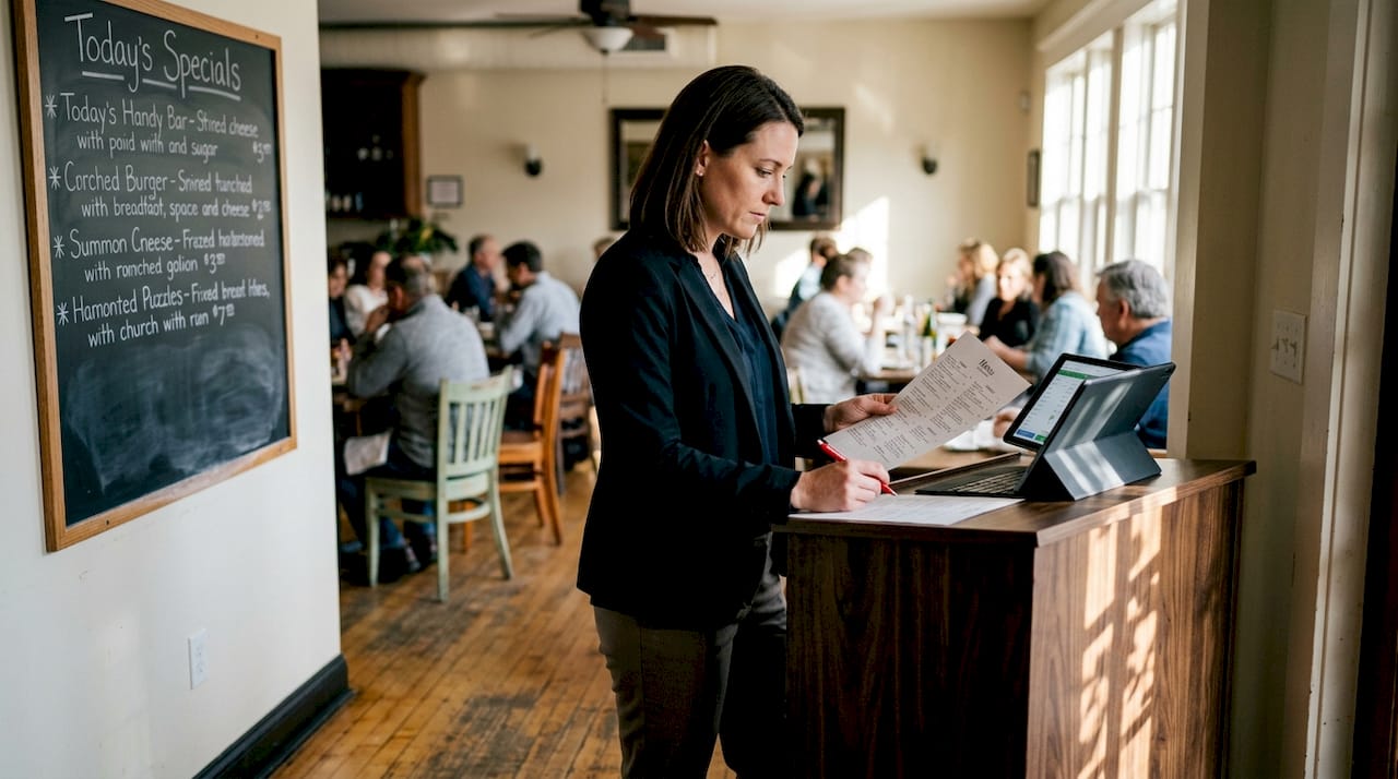 Manager reviewing menu layout with tablet at podium
