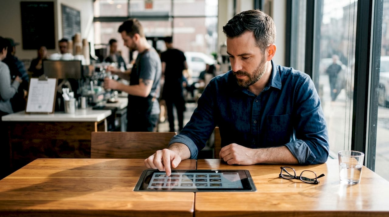 Guest reviews video menu on café table