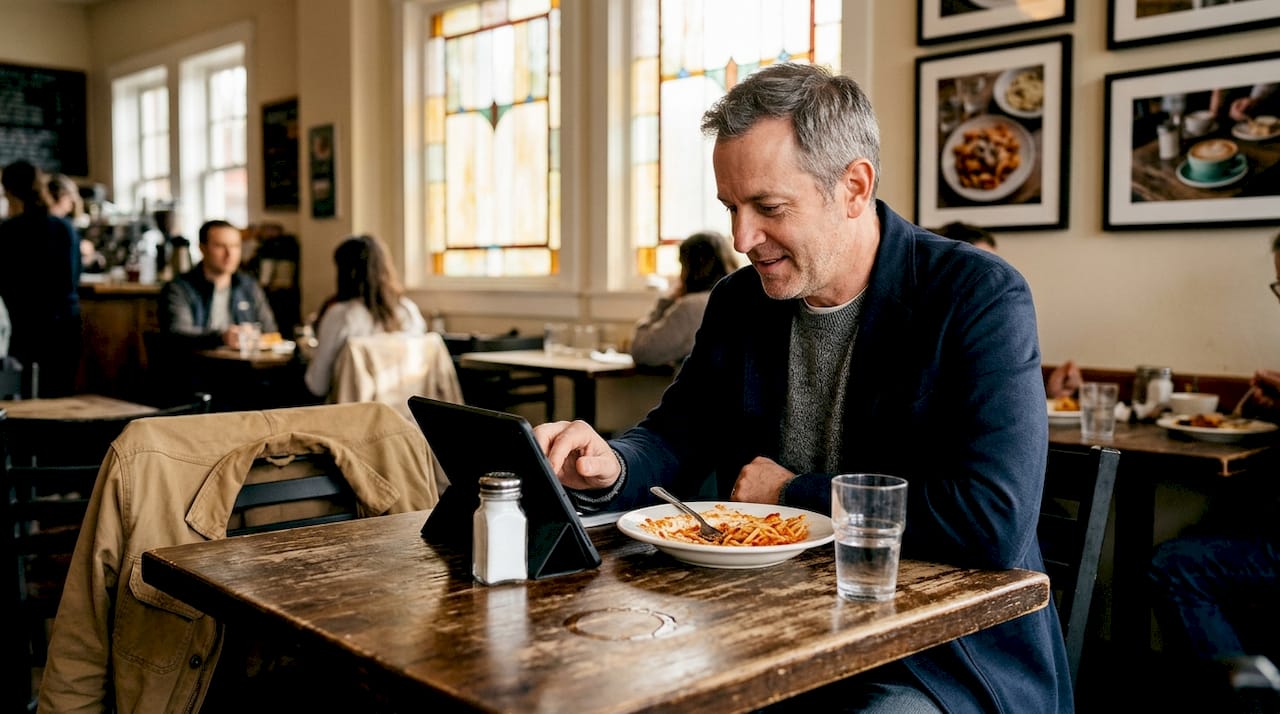 Diner interacts with tablet menu at café table
