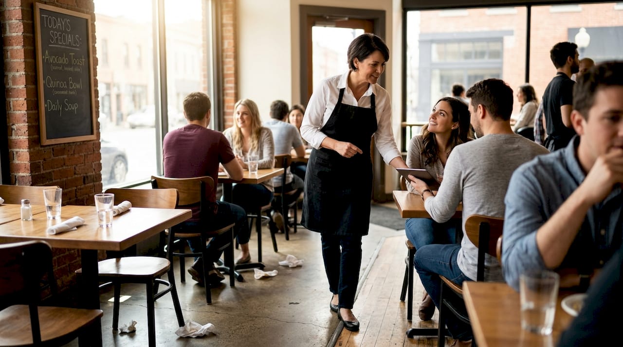 Restaurant manager assisting guests with digital menu