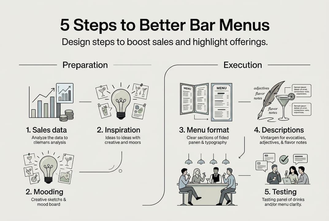 Infographic with five steps for bar menu design