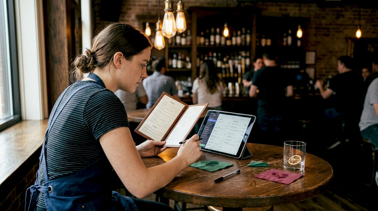 Bartender comparing printed and digital menus
