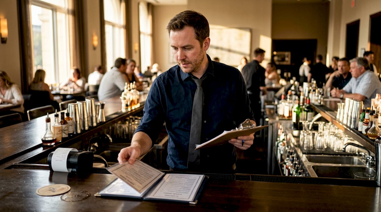 Bar manager reviewing drink menus behind bar