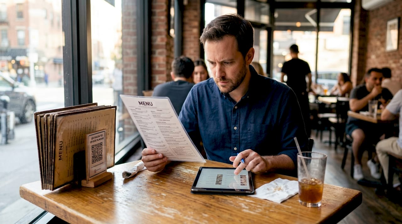 Manager comparing digital and paper menus