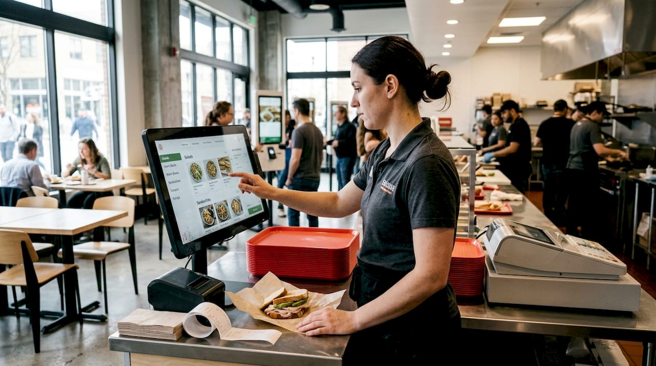 Manager using digital menu signage in café