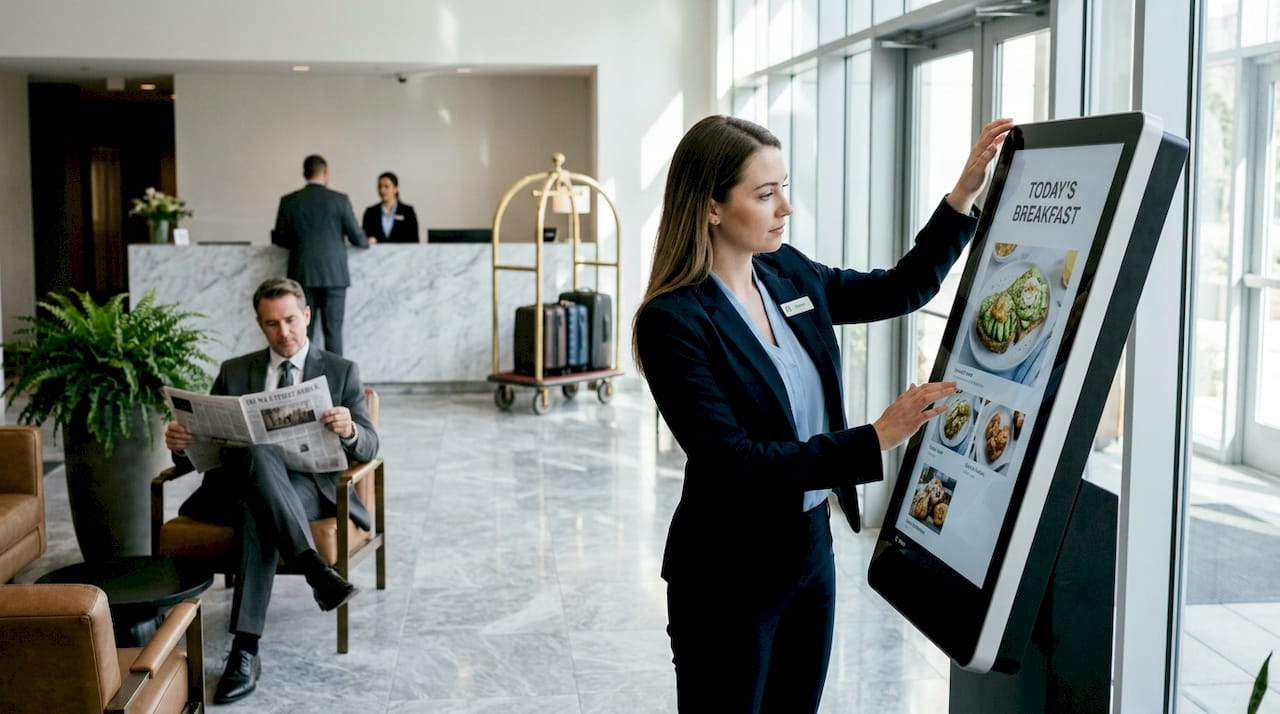 Hotel digital menu board near lobby lounge