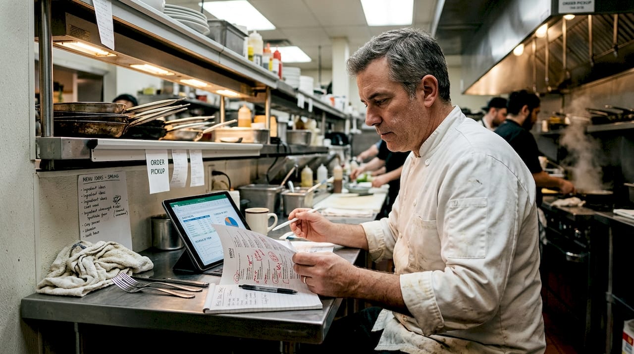 Chef reviewing marked-up menu and sales data