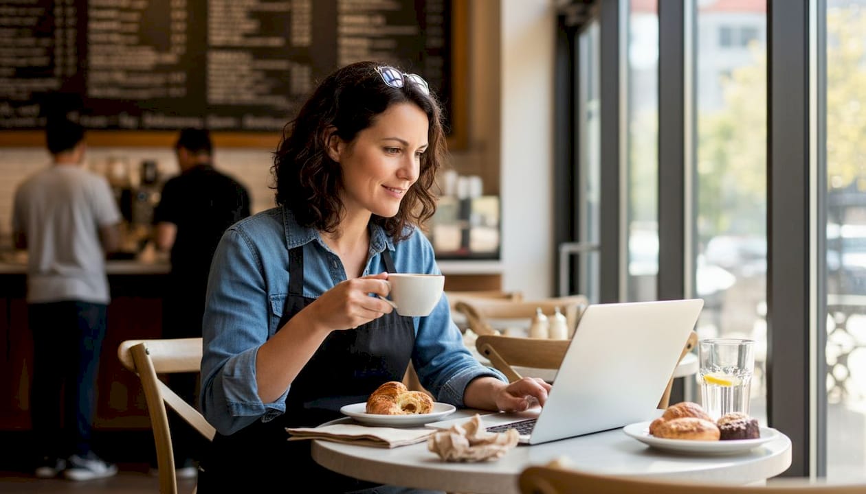 Manager updating online menu in café