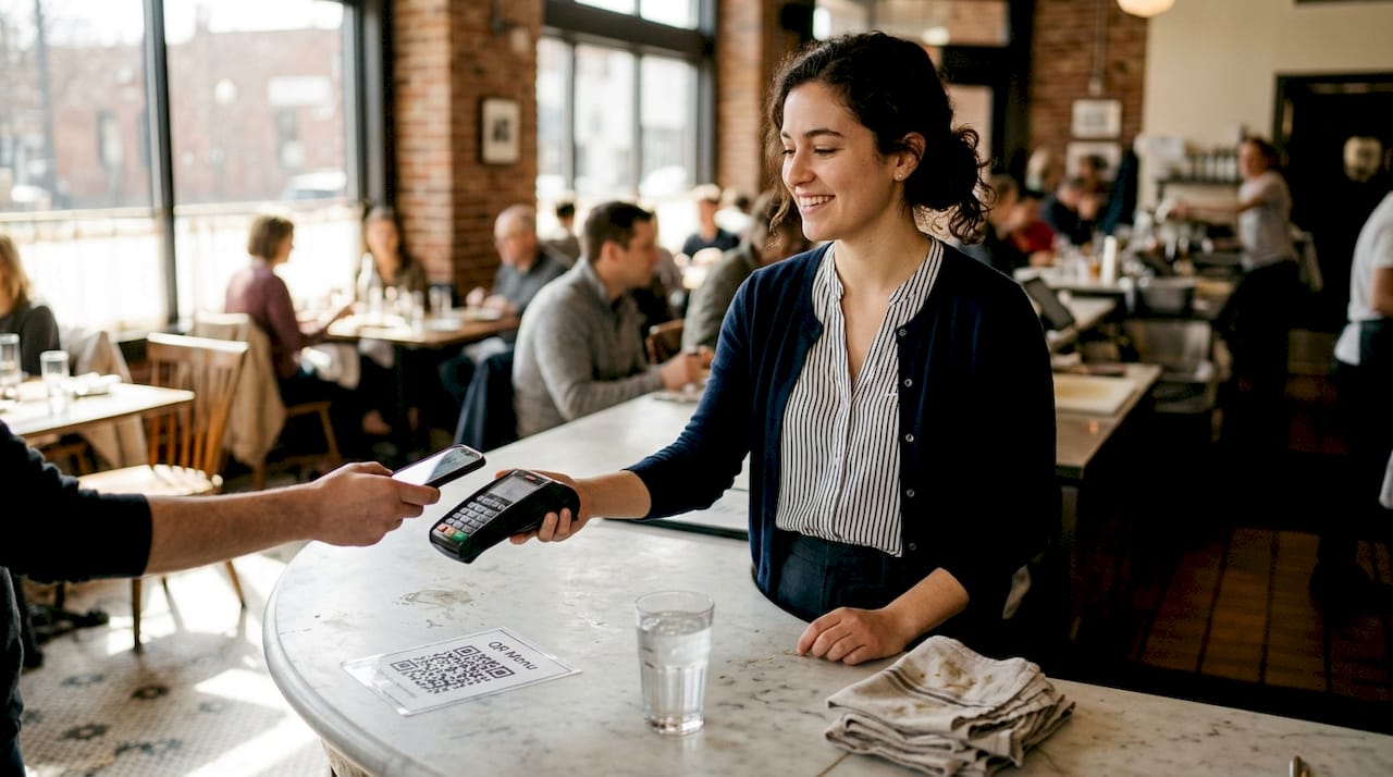 Contactless digital payment at busy restaurant counter