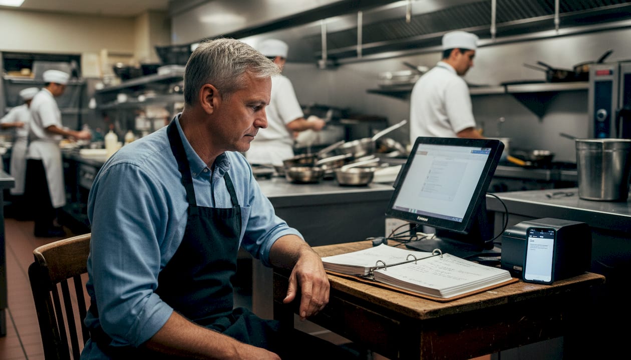 Manager reviewing restaurant POS integration report