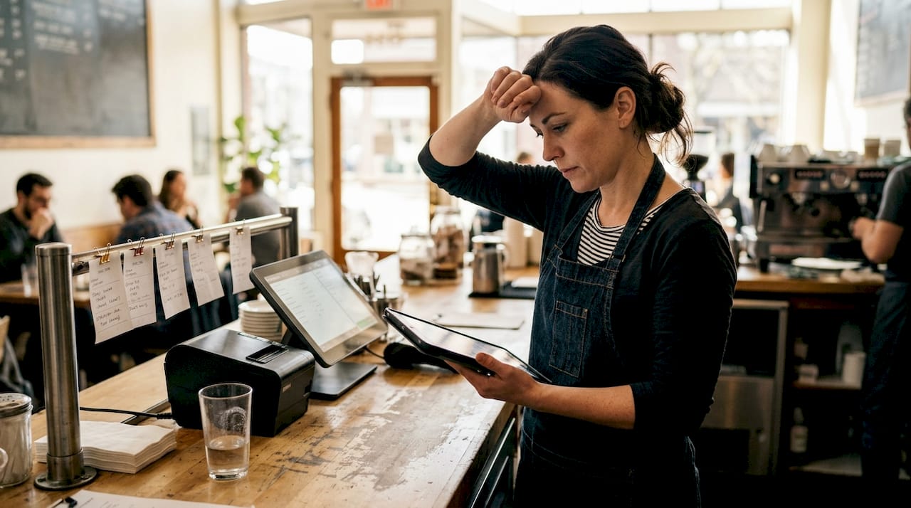 Manager checking tablet for online orders