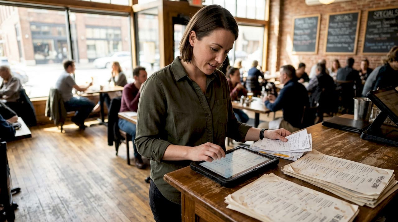 Manager reviewing digital menu at busy bistro