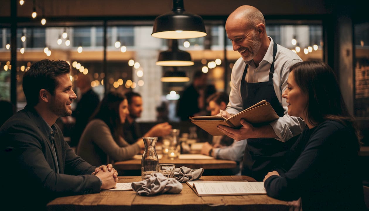 Server welcomes guests confirming reservation