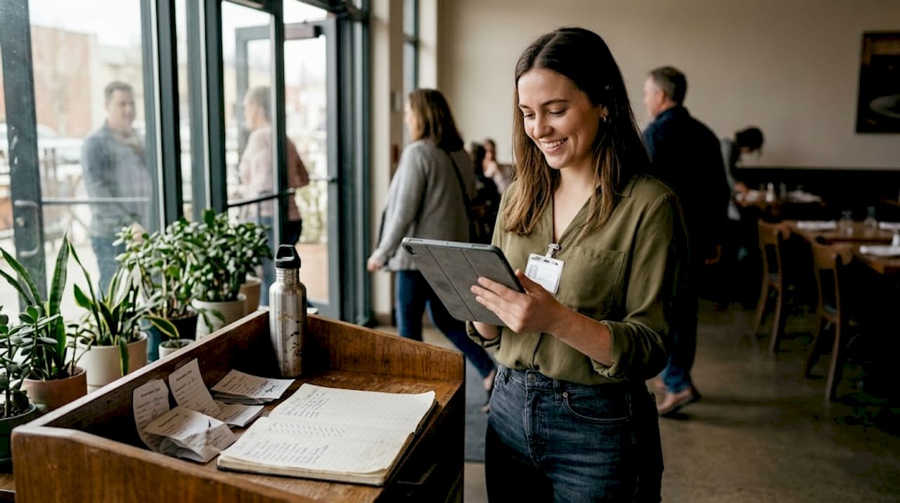 Hostess reviews guest profiles at entrance