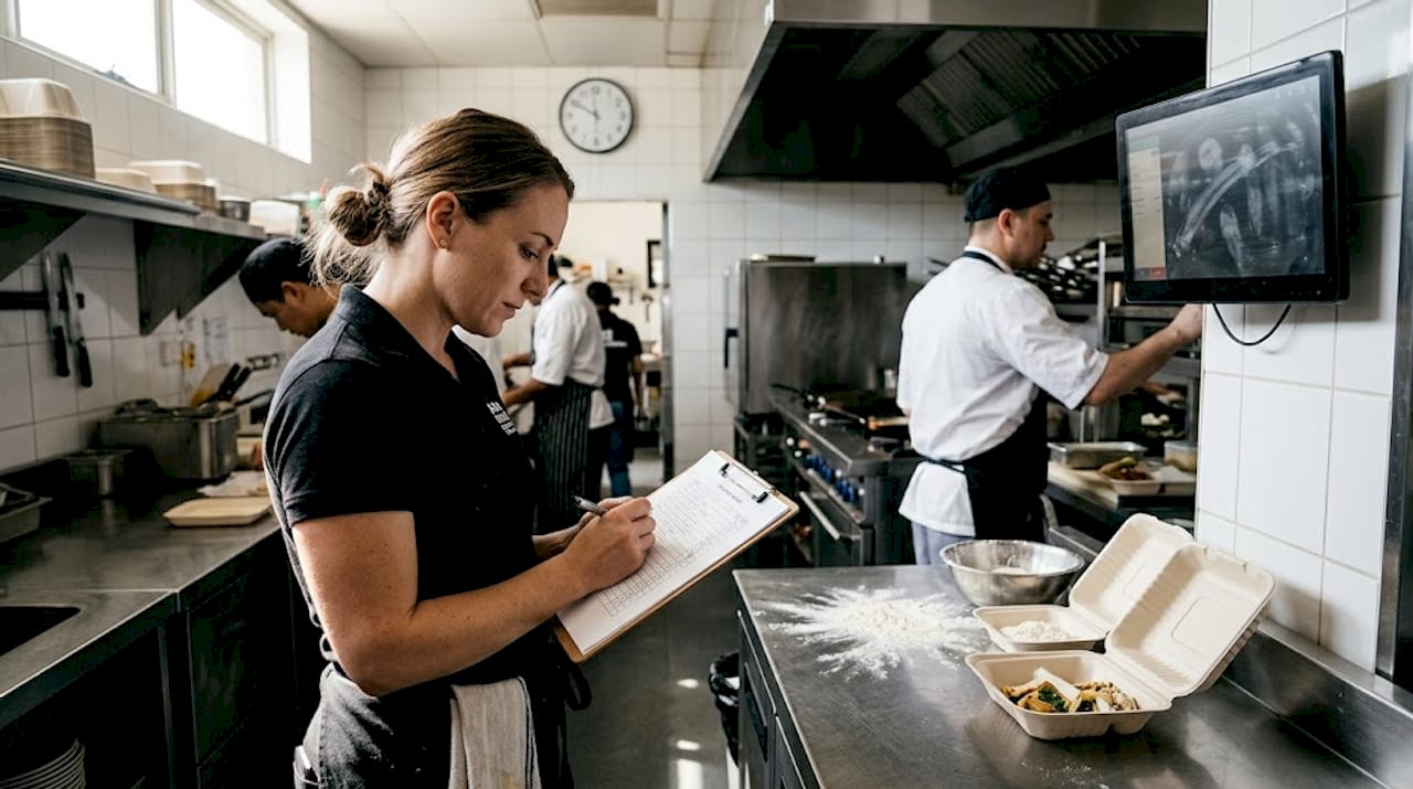 Manager reviewing kitchen workflow checklist