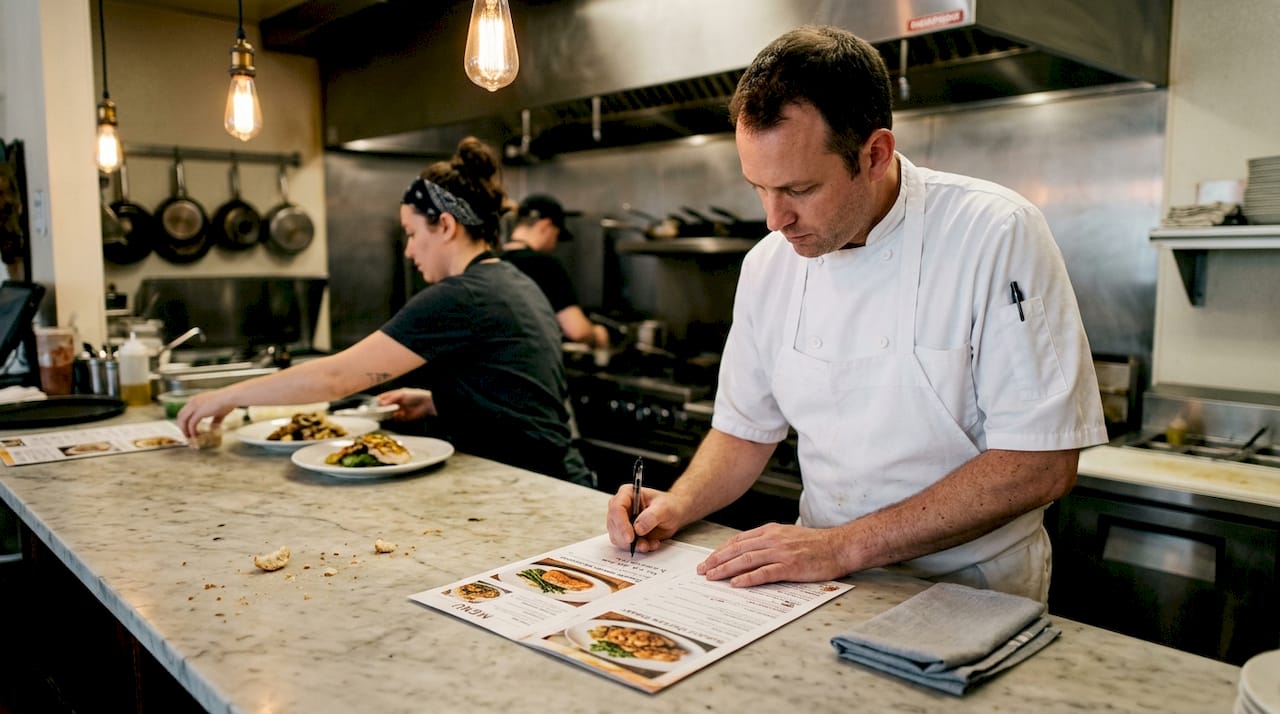 Chef reviewing photo-rich restaurant menu in kitchen