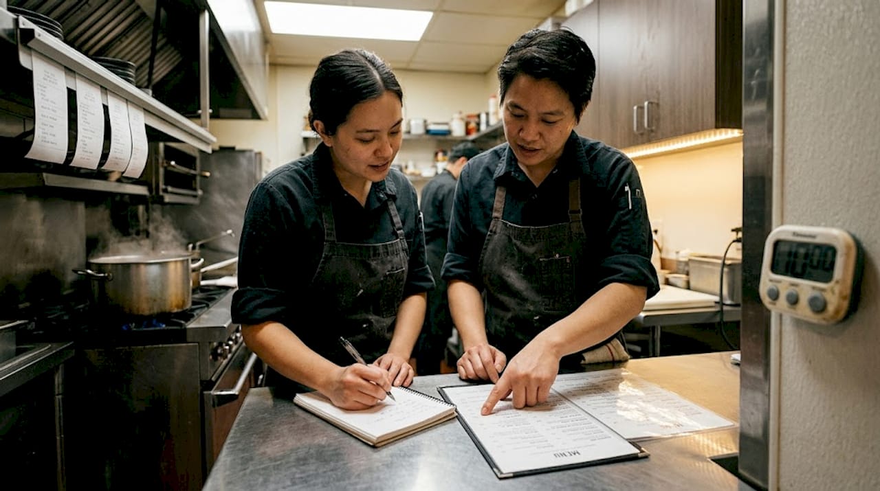 Kitchen staff discussing printed menu in kitchen