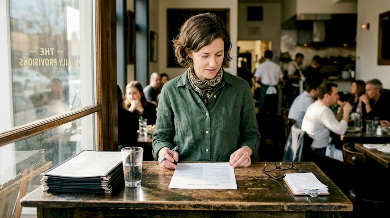 Restaurant manager reviewing printed menu at entrance