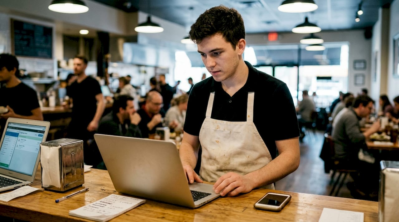 Server manages orders digitally, phone idle