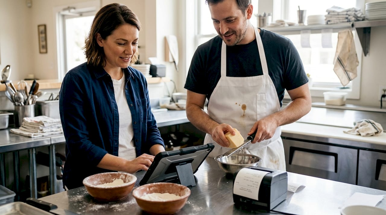 Restaurant manager using tablet for online order