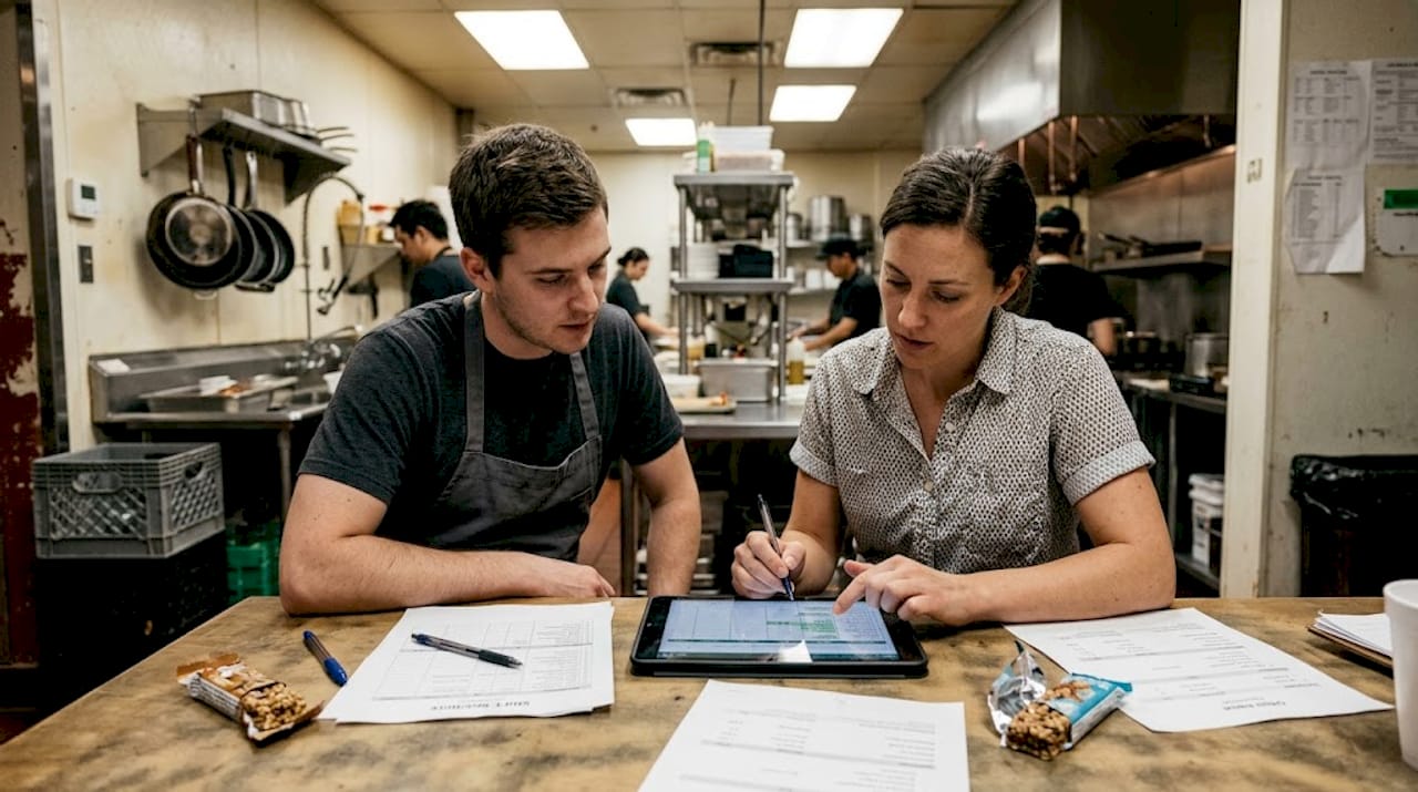 Restaurant team reviewing digital ordering results