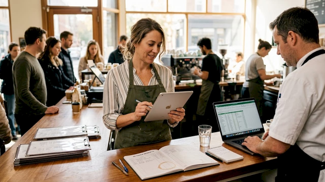 Manager and chef using digital tools