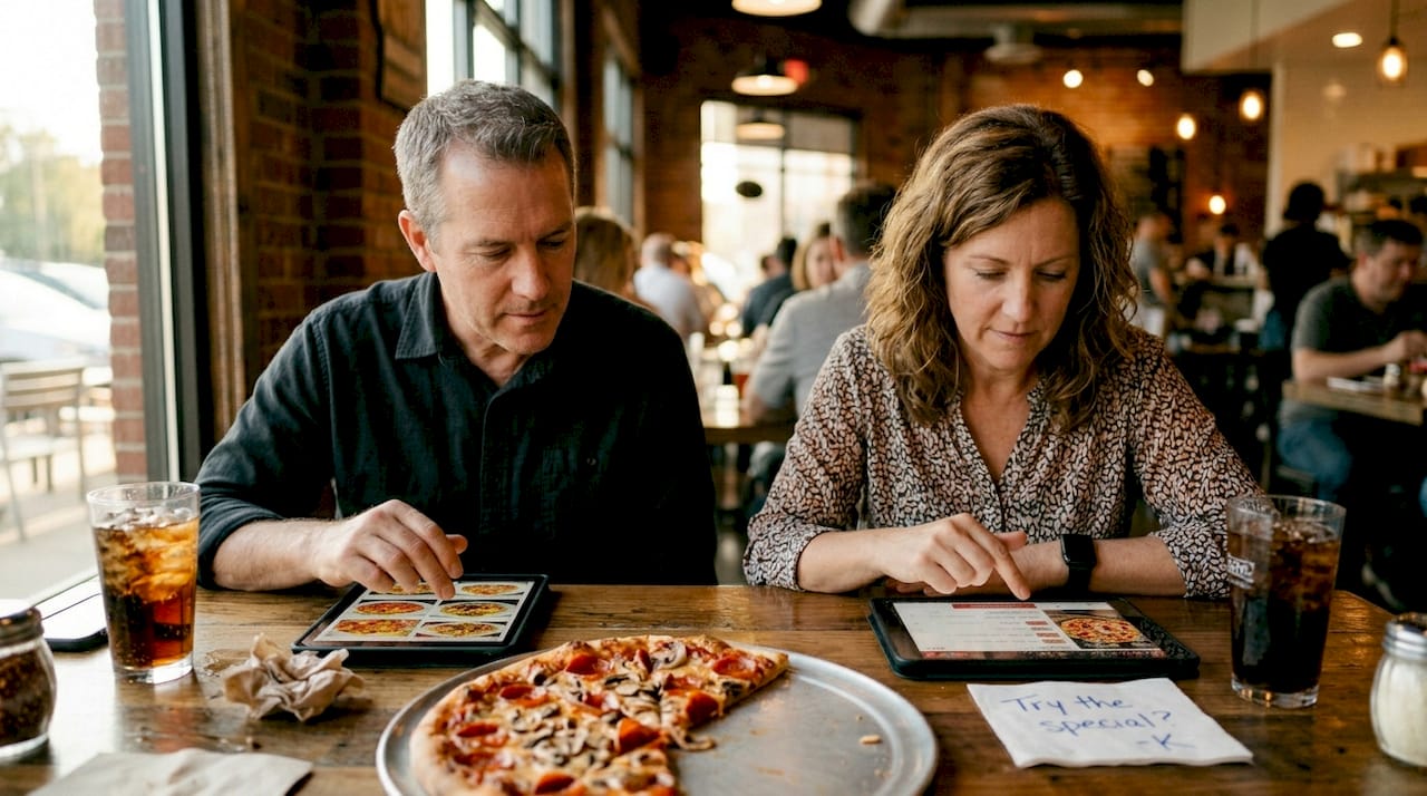 Guests browsing interactive digital menu at restaurant
