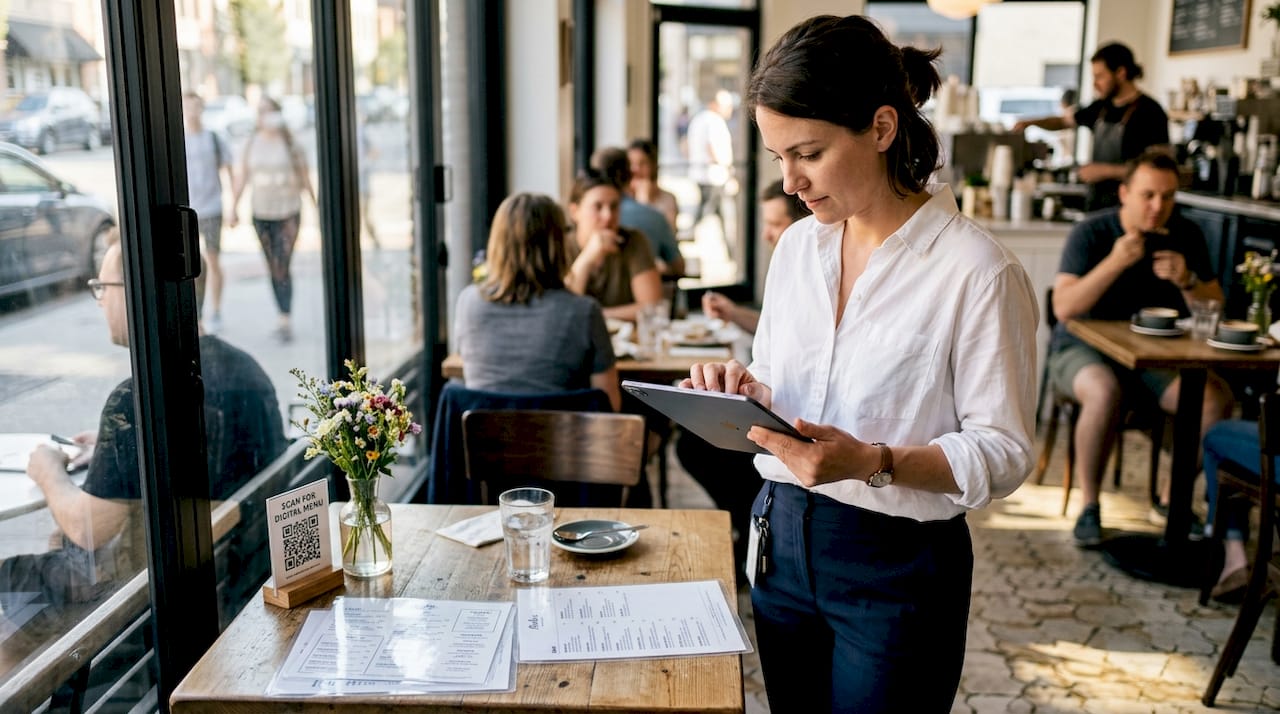 Restaurant manager updating cloud-based menu